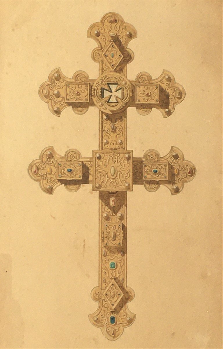 Watercolor, 19th Century Goldsmith Cross Project, Viollet Le Duc Style-photo-2