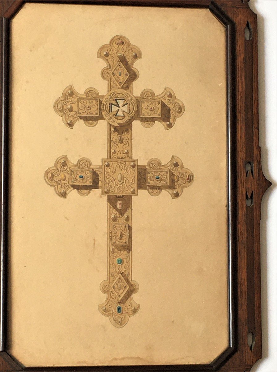 Watercolor, 19th Century Goldsmith Cross Project, Viollet Le Duc Style-photo-3