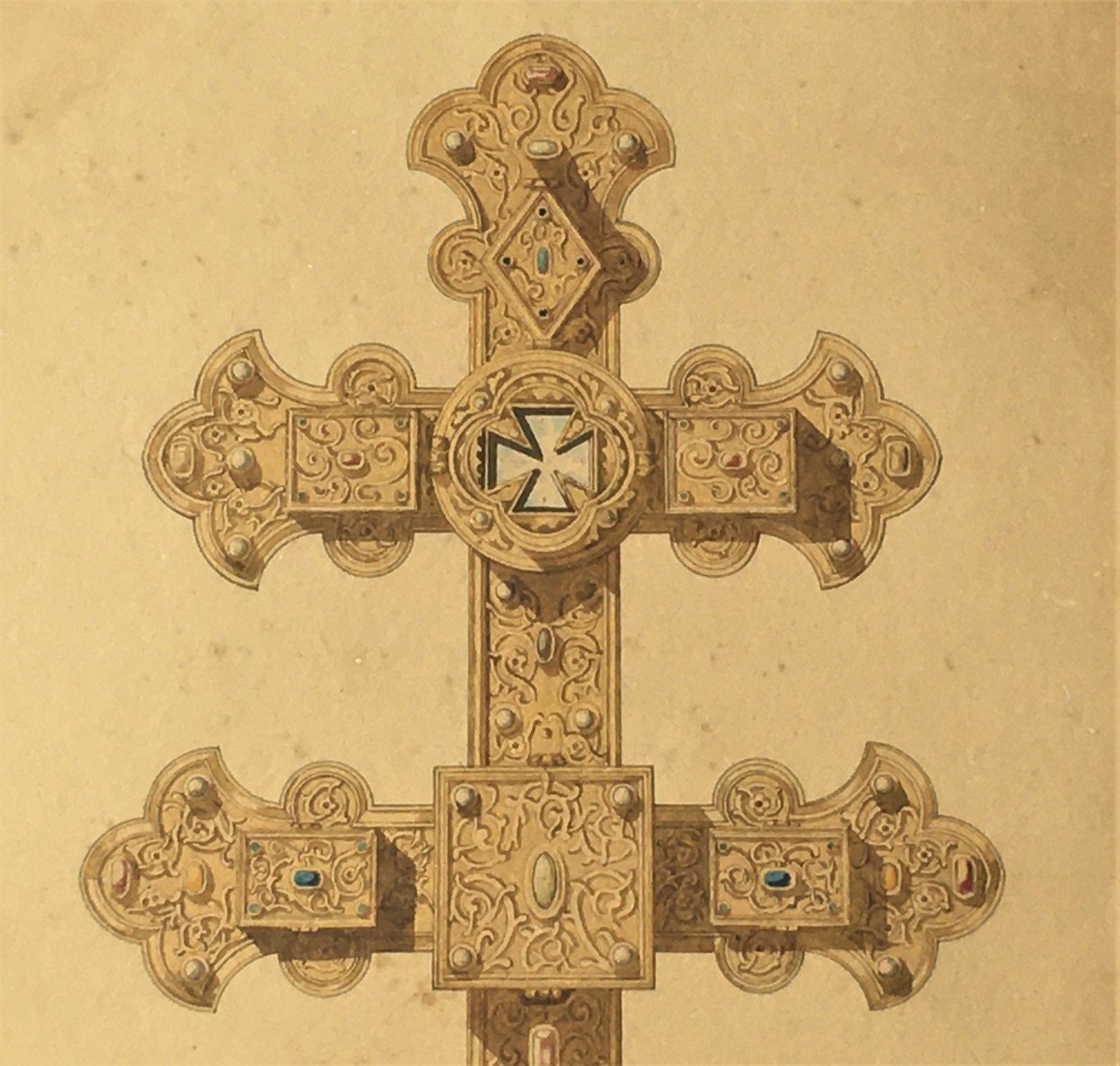 Watercolor, 19th Century Goldsmith Cross Project, Viollet Le Duc Style-photo-4