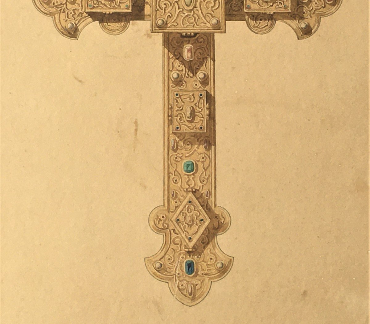 Watercolor, 19th Century Goldsmith Cross Project, Viollet Le Duc Style-photo-1