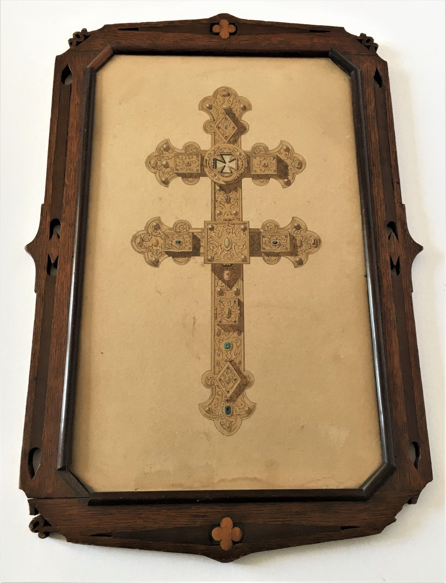 Watercolor, 19th Century Goldsmith Cross Project, Viollet Le Duc Style-photo-3