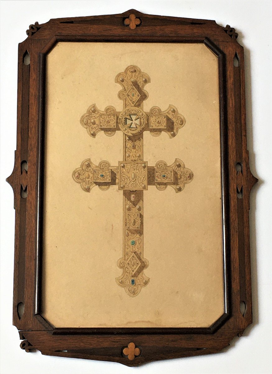 Watercolor, 19th Century Goldsmith Cross Project, Viollet Le Duc Style