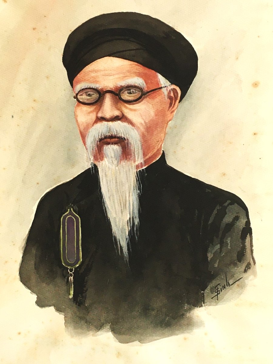 Indochina, Vietnam, Portrait Of A Scholar, Signed Watercolor.-photo-3