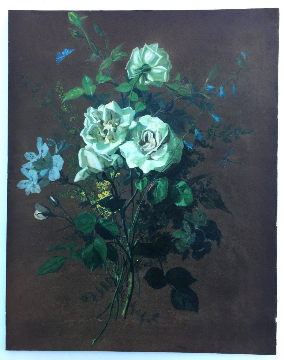 19th Century Gouache, Bouquet Of Flowers-photo-2