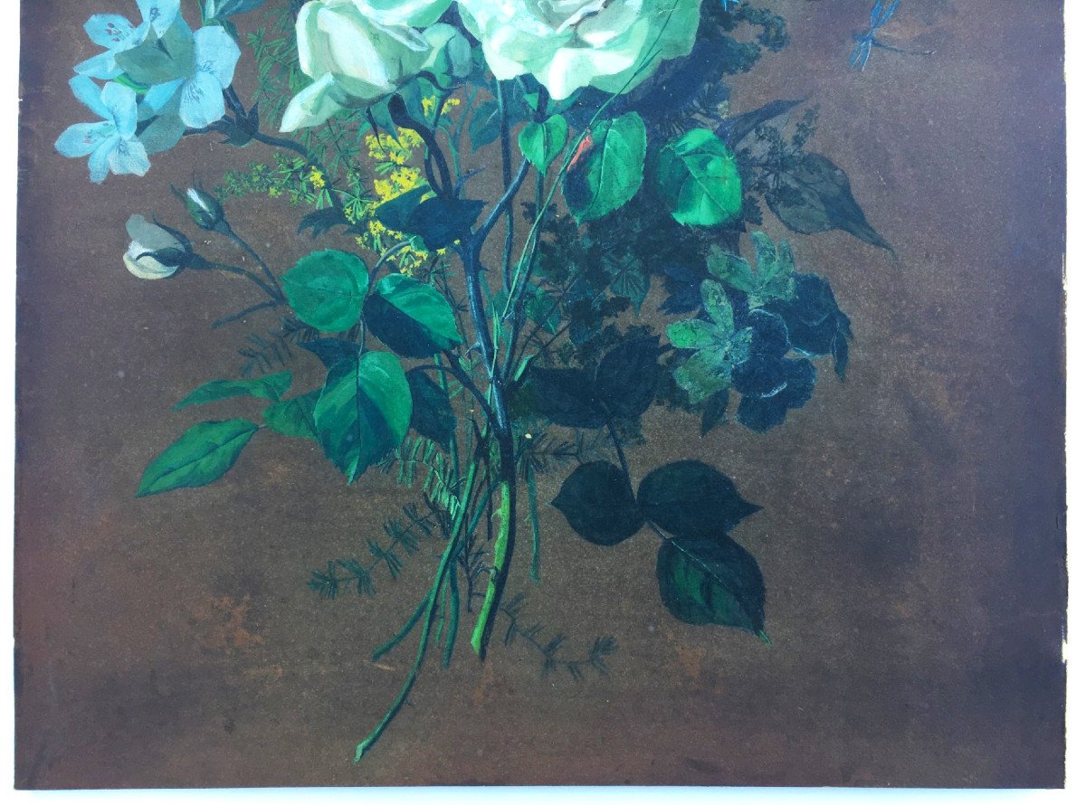 19th Century Gouache, Bouquet Of Flowers-photo-1