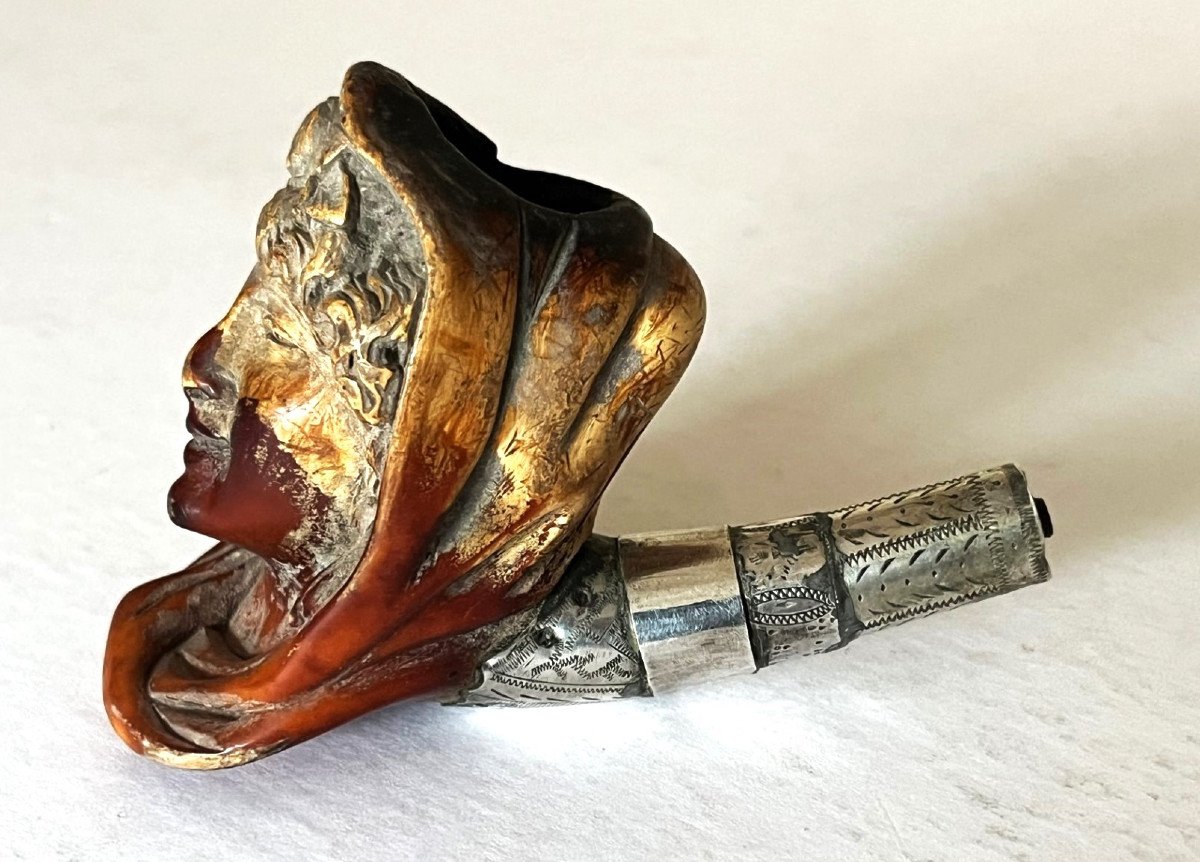 Silver Mounted Seafoam Pipe From The 19th Century, Goddess Or Woman In Antique