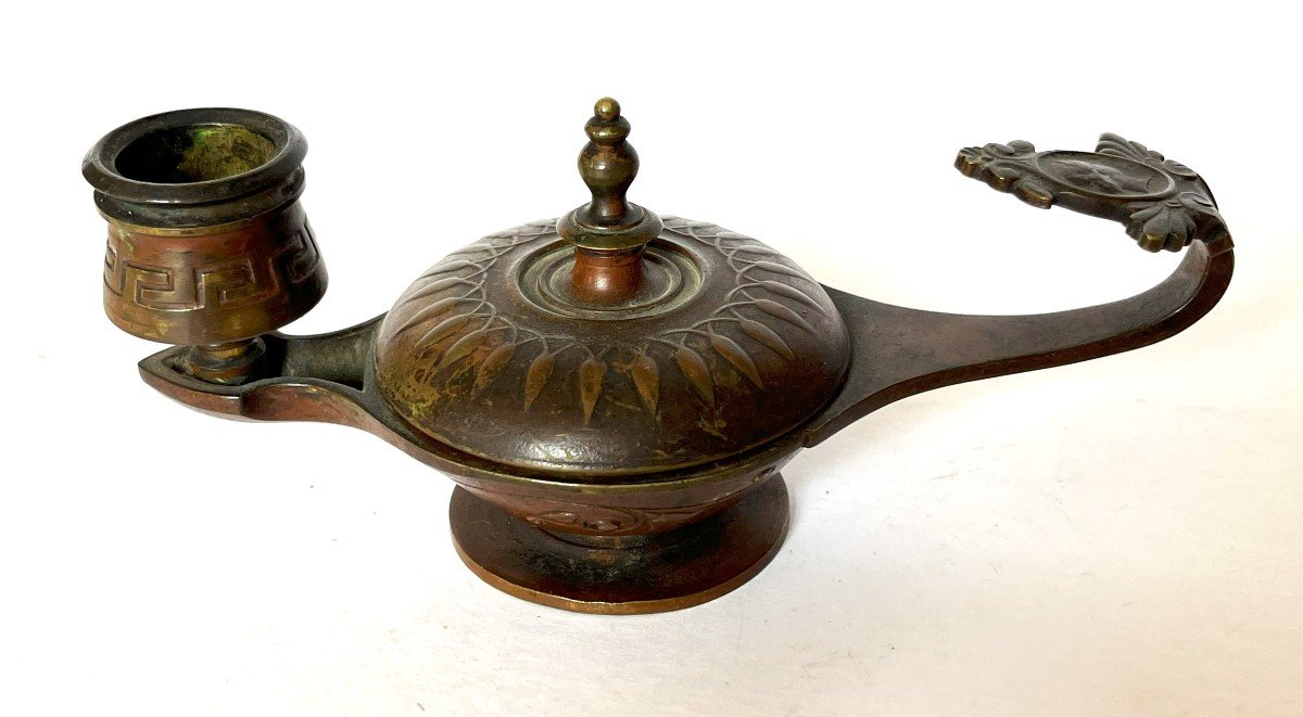 Antique 19th Century Bronze Candlestick And Ring Holder In The Shape Of An Oil Lamp.