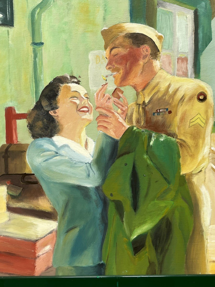 La Pin-up Et Le Soldat, Huile Sur Carton Par Paul Bouchet, Années 60-photo-2