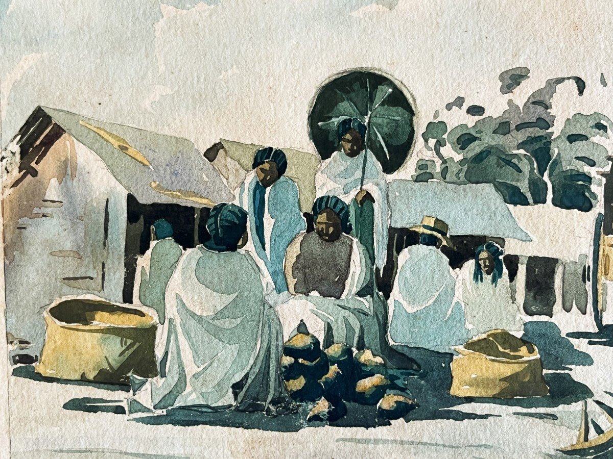 Gilbert Rakoto école Malgache datée 1929 "scène De Marché à Madagascar"-photo-4