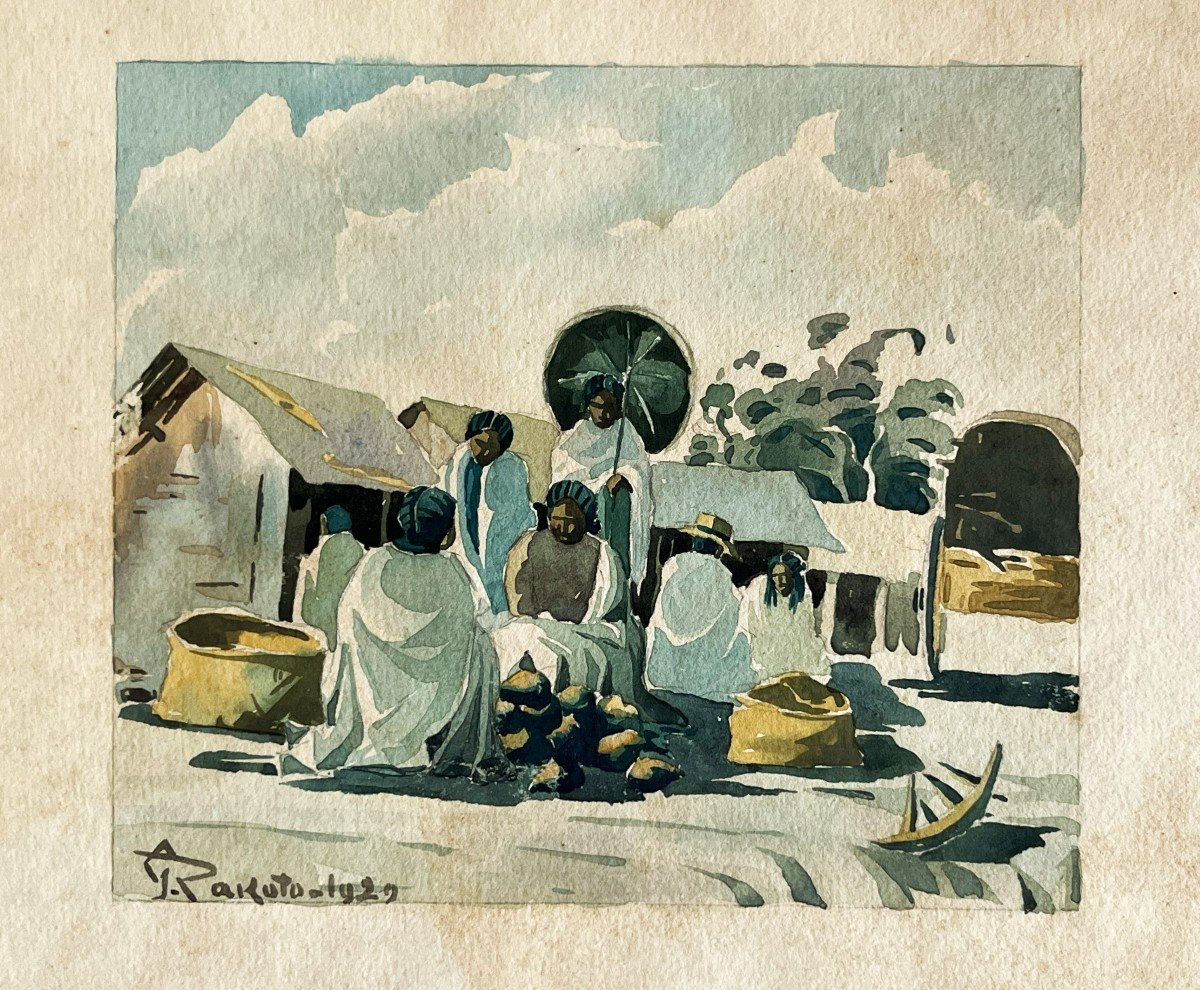 Gilbert Rakoto école Malgache datée 1929 "scène De Marché à Madagascar"