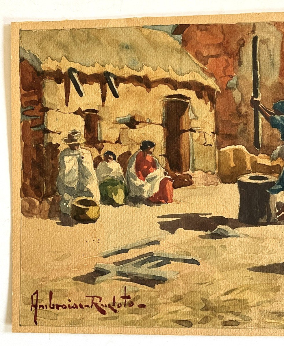 Ambroise Rakoto école Malgache Des Années 30, "scène De Rue à Madagascar" Aquarelle-photo-3