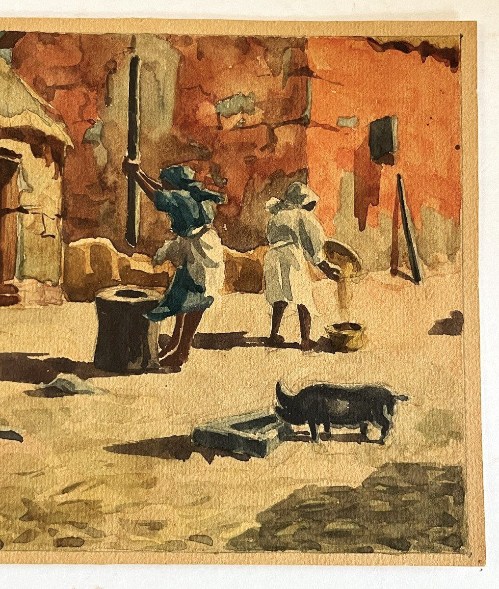 Ambroise Rakoto école Malgache Des Années 30, "scène De Rue à Madagascar" Aquarelle-photo-4