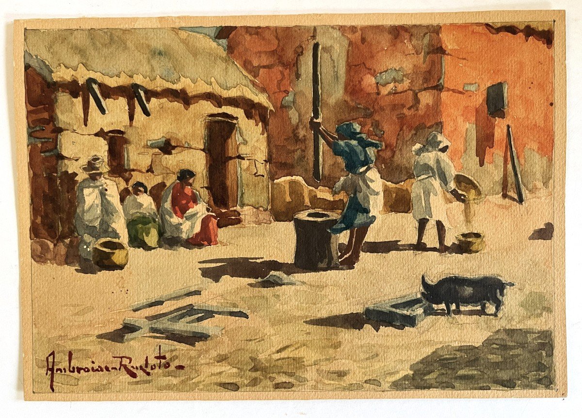 Ambroise Rakoto école Malgache Des Années 30, "scène De Rue à Madagascar" Aquarelle