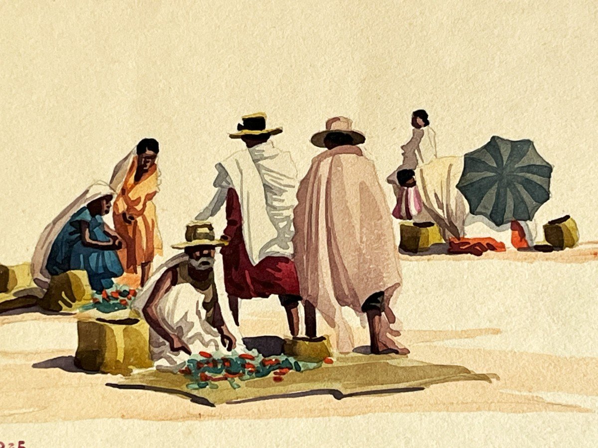 Albert Ramanda 1901/1959 école Malgache, "scène De Marché à Madagascar" gouache datée 1936-photo-4