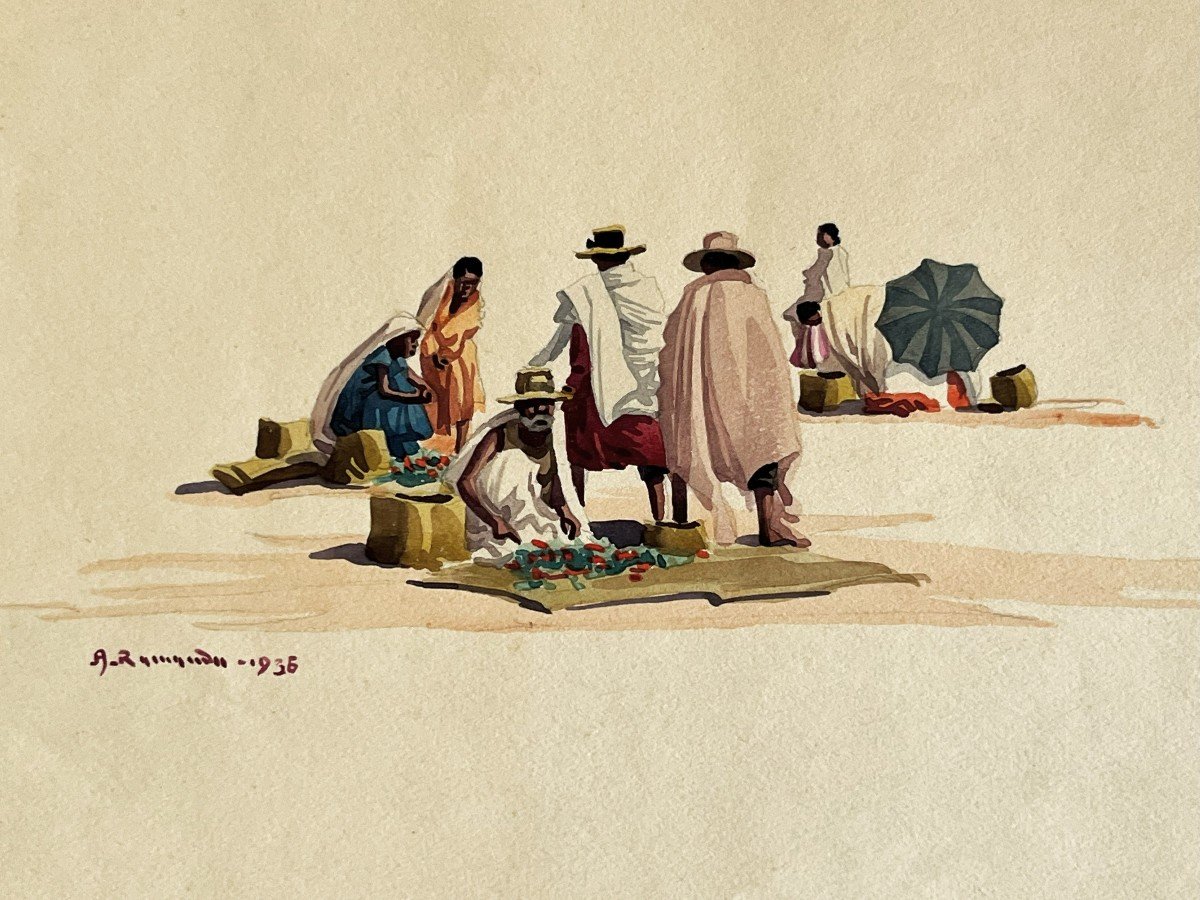 Albert Ramanda 1901/1959 école Malgache, "scène De Marché à Madagascar" gouache datée 1936