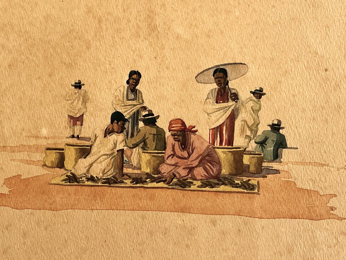 Gilbert Rakoto Malagasy School "market Scene In Madagascar Dated 1954 Watercolor-photo-2