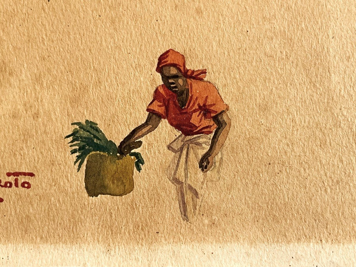 Gilbert Rakoto Malagasy School "market Scene In Madagascar Dated 1954 Watercolor-photo-1