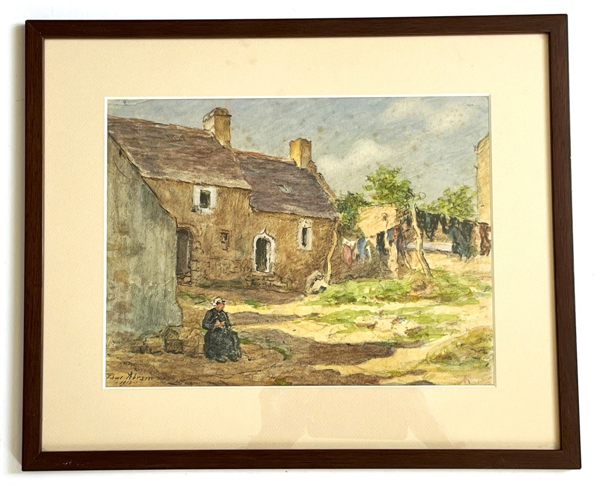 Paul Abram 1854/1924 "farm Near Douarnenez" Brittany, Watercolor From 1913. -photo-2