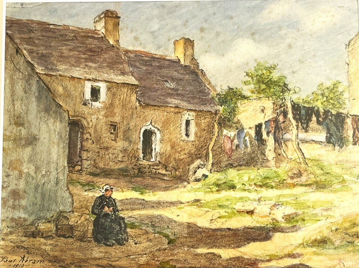 Paul Abram 1854/1924 "farm Near Douarnenez" Brittany, Watercolor From 1913. -photo-3