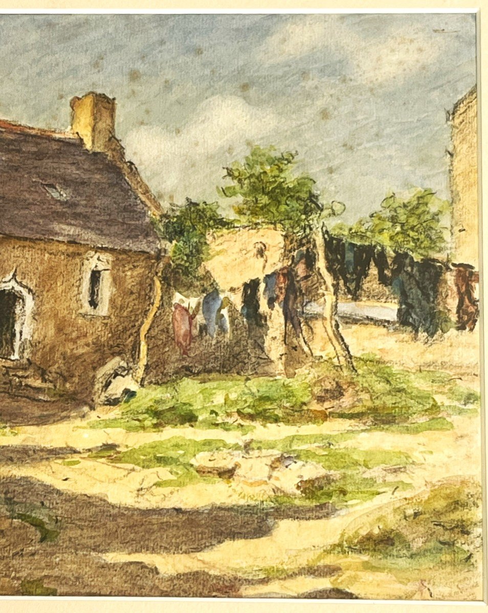 Paul Abram 1854/1924 "farm Near Douarnenez" Brittany, Watercolor From 1913. -photo-2