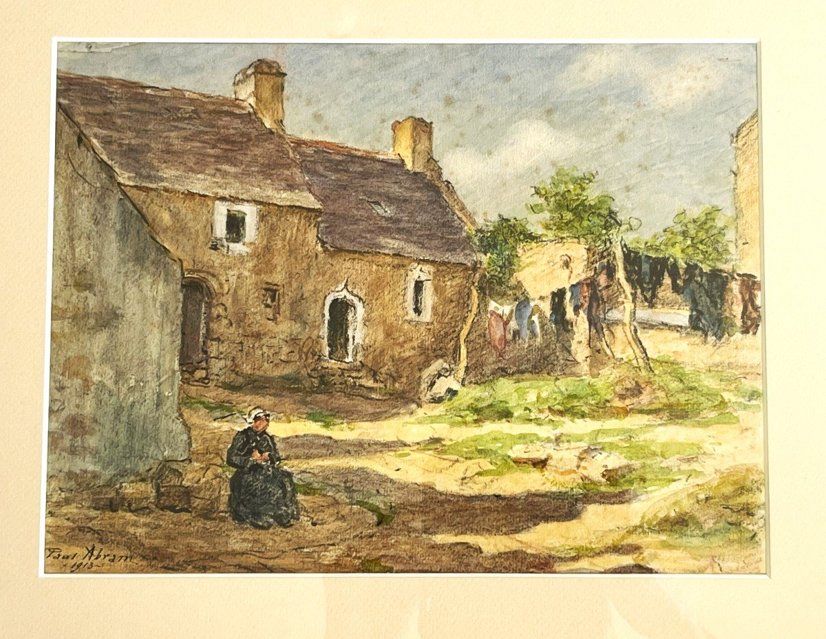 Paul Abram 1854/1924 "farm Near Douarnenez" Brittany, Watercolor From 1913. 