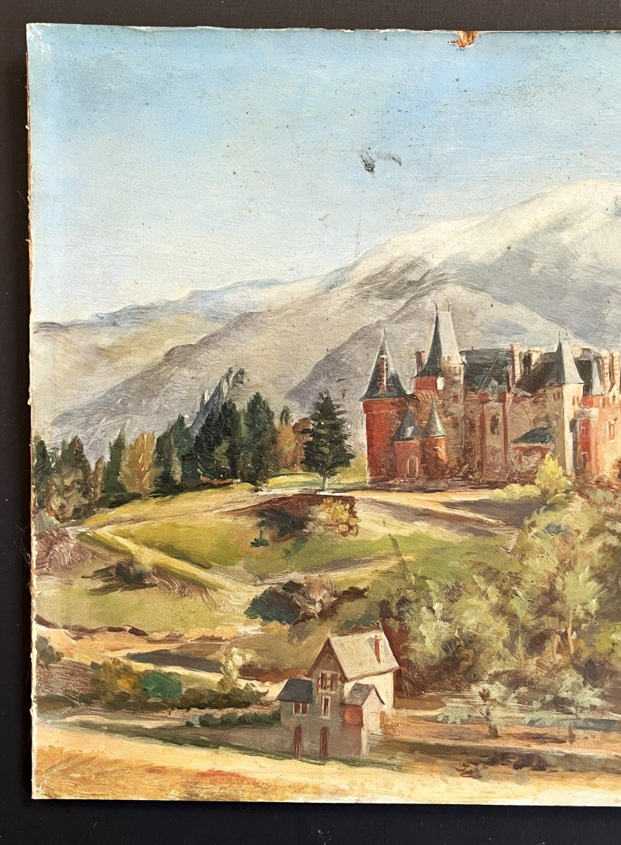 Huile Sur Carton Du 19ème, "le Château Dans La Montagne"-photo-2