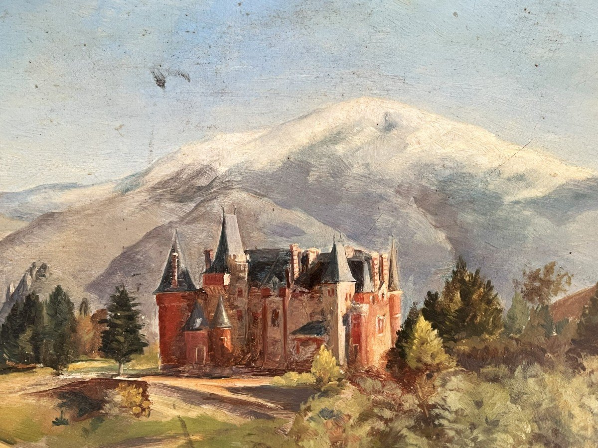 Huile Sur Carton Du 19ème, "le Château Dans La Montagne"-photo-4