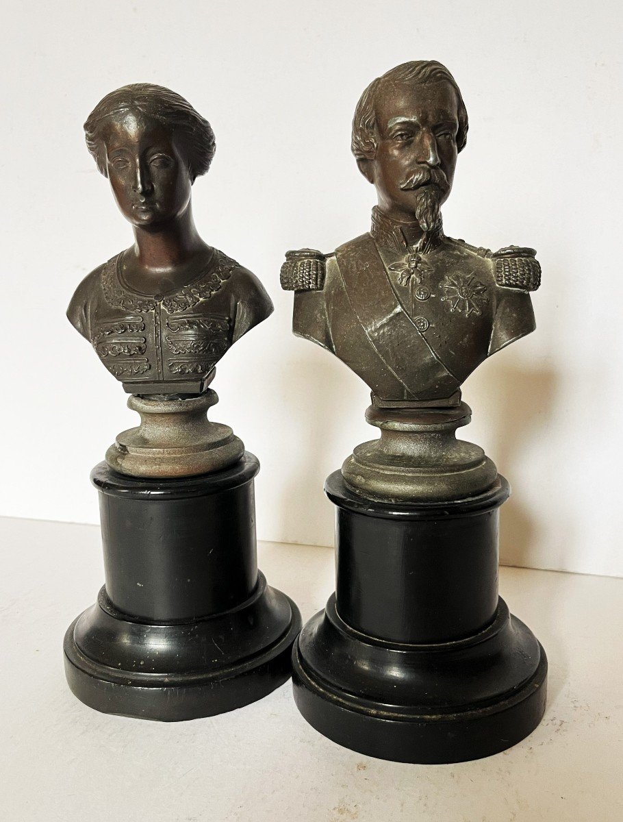 Napoleon III And Eugenie, Pair Of 19th Century Spelter Busts Signed Boy