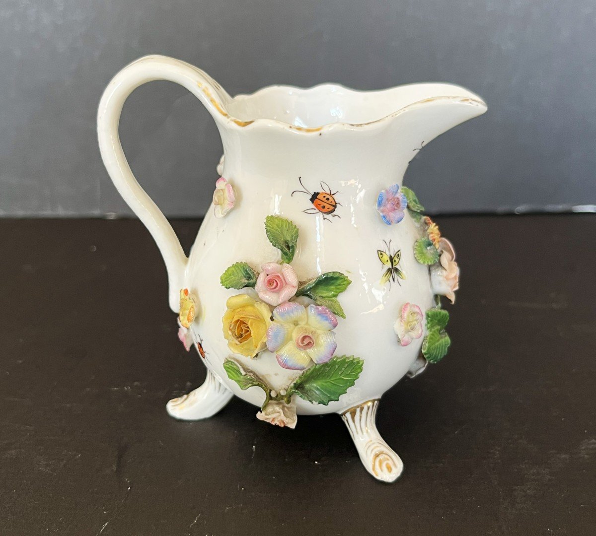 Two Porcelain Cups And A Milk Jug With Relief Flowers And Insects Decor.-photo-4