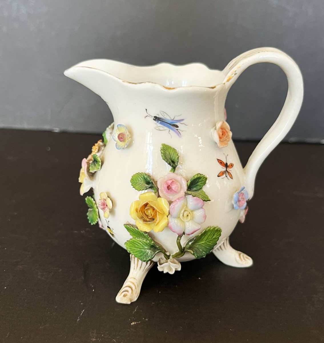 Two Porcelain Cups And A Milk Jug With Relief Flowers And Insects Decor.-photo-6