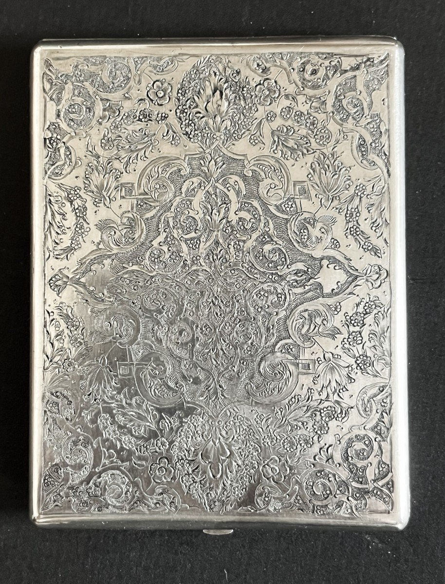 Engraved Silver Cigarette Box, Iran, Persia Early 20th Century-photo-2