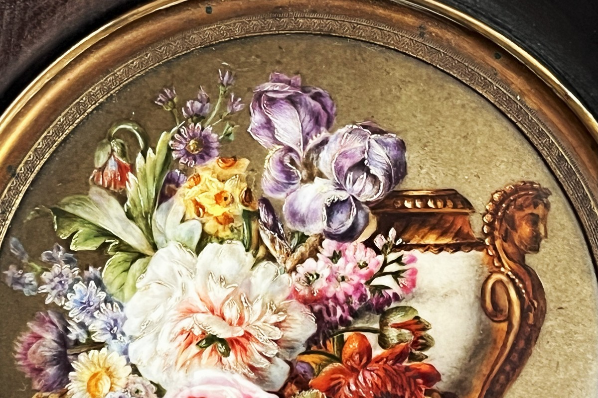 Miniature sur Porcelaine Vers 1830/40, Bouquet Signé Clarice Méchin-photo-1