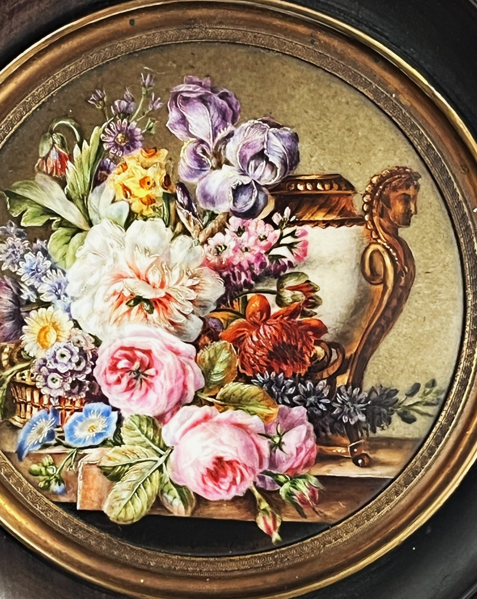 Miniature sur Porcelaine Vers 1830/40, Bouquet Signé Clarice Méchin-photo-4