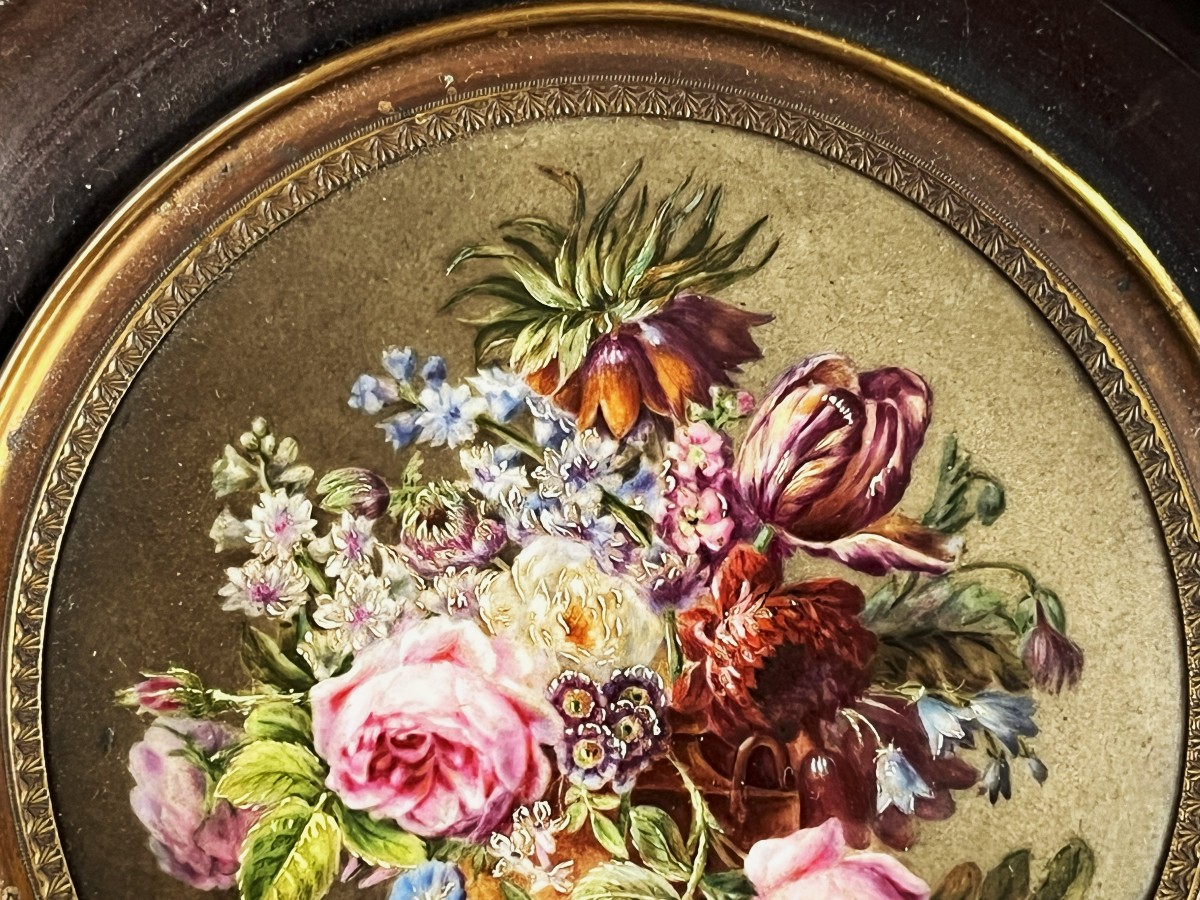 Miniature Sur Porcelaine Vers 1830/40, Bouquet Signé Clarice Méchin-photo-3