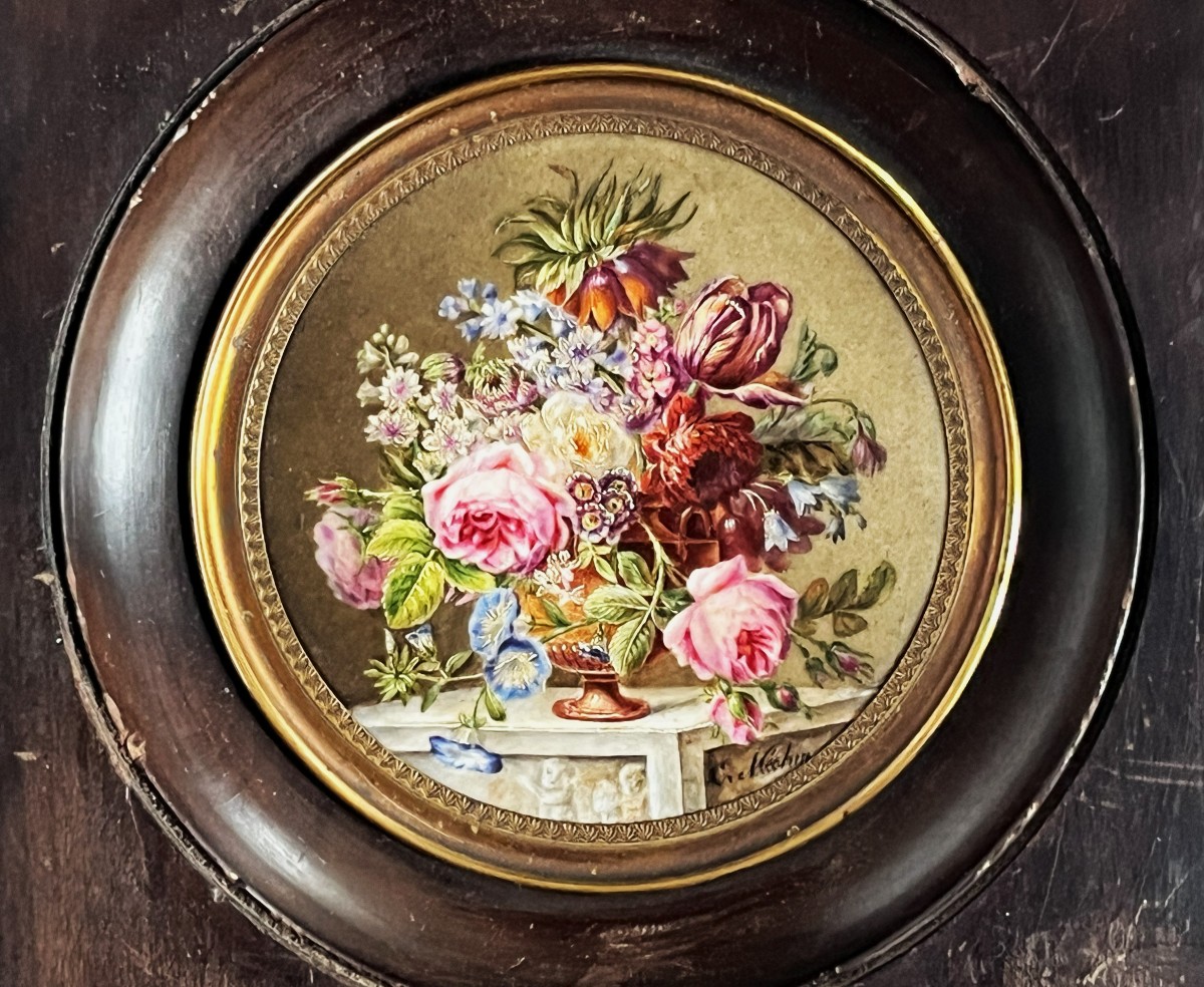 Miniature Sur Porcelaine Vers 1830/40, Bouquet Signé Clarice Méchin-photo-3