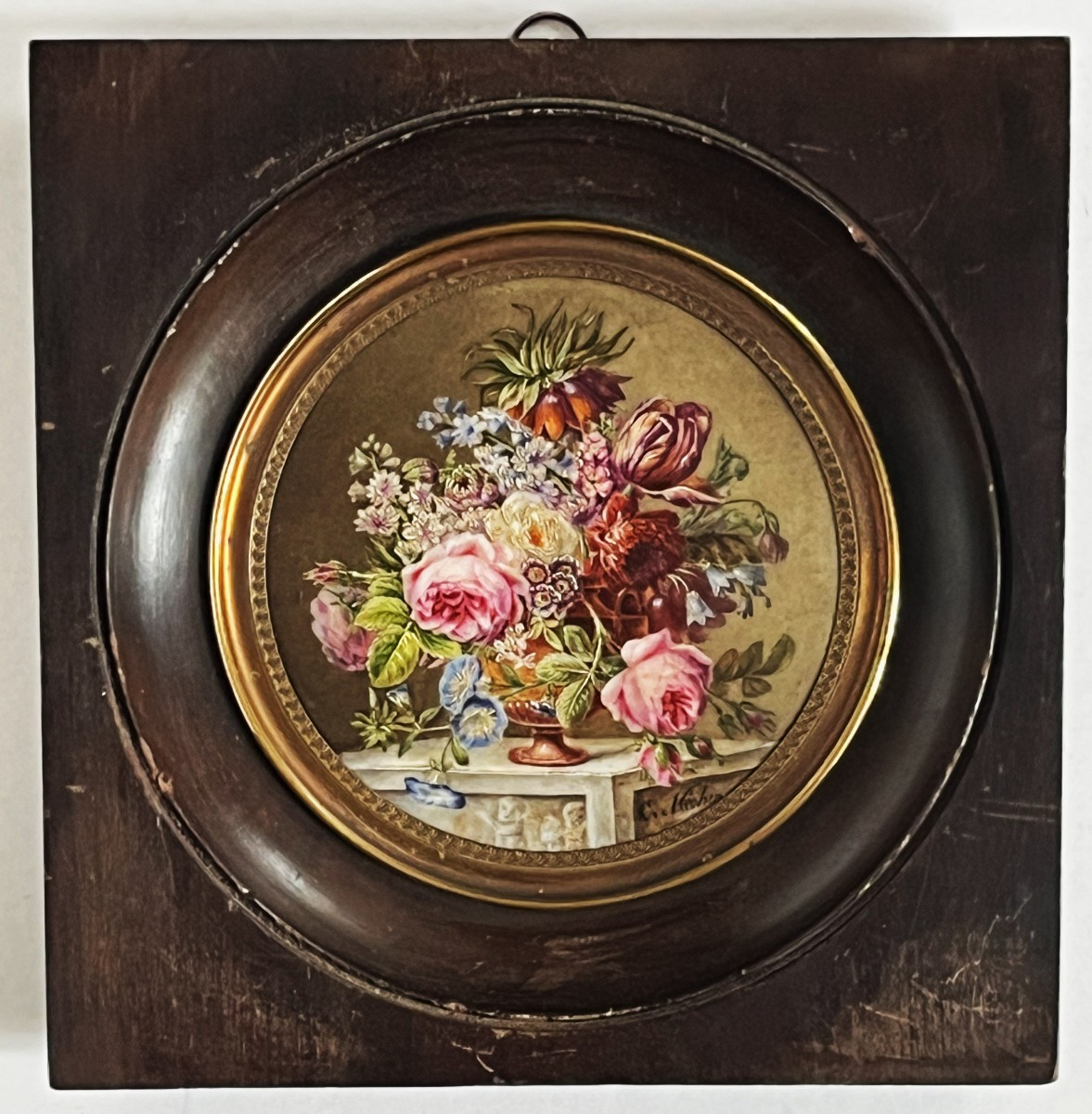 Miniature Sur Porcelaine Vers 1830/40, Bouquet Signé Clarice Méchin-photo-4