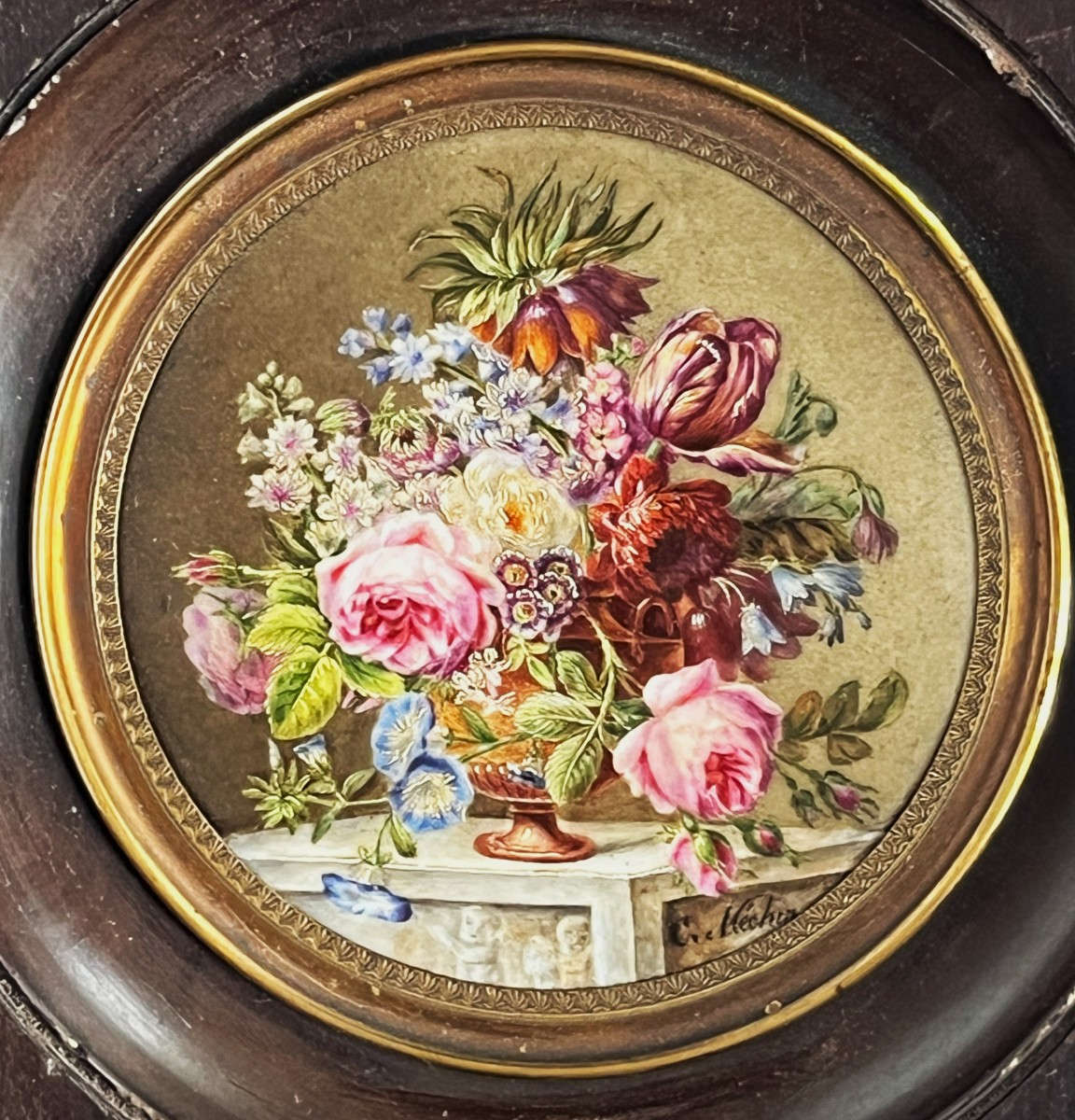 Miniature On Porcelain Circa 1830/40, Bouquet Signed Clarice Méchin