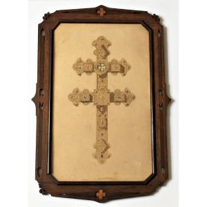 Watercolor, 19th Century Goldsmith Cross Project, Viollet Le Duc Style