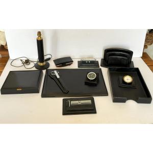 The Tanner Very Complete 11 Piece 70s Black Leather Desk Set.