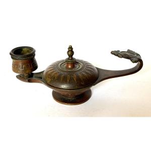 Antique 19th Century Bronze Candlestick And Ring Holder In The Shape Of An Oil Lamp.