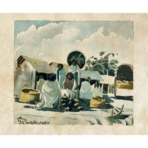 Gilbert Rakoto école Malgache datée 1929 "scène De Marché à Madagascar"