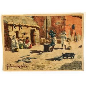 Ambroise Rakoto école Malgache Des Années 30, "scène De Rue à Madagascar" Aquarelle