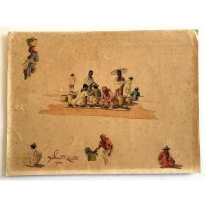 Gilbert Rakoto Malagasy School "market Scene In Madagascar Dated 1954 Watercolor