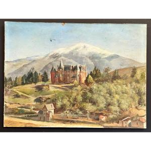 Oil On Cardboard From The 19th Century, "the Castle In The Mountain"