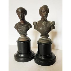 Napoleon III And Eugenie, Pair Of 19th Century Spelter Busts Signed Boy