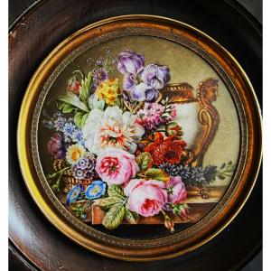 Miniature sur Porcelaine Vers 1830/40, Bouquet Signé Clarice Méchin