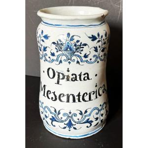 Albarello, Rouen Earthenware Medicine Pot, Opiata Mesenterica, Late 17th Early 18th Century 