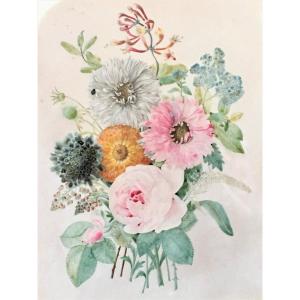 Aquarelle Sur Vélin (parchemin) Datée  1847  Et Signée, Bouquet De Fleurs