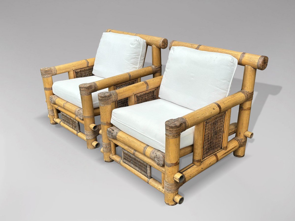 Set Of 4 Large Bamboo Pagoda Lounge Armchairs, 1980s-photo-4
