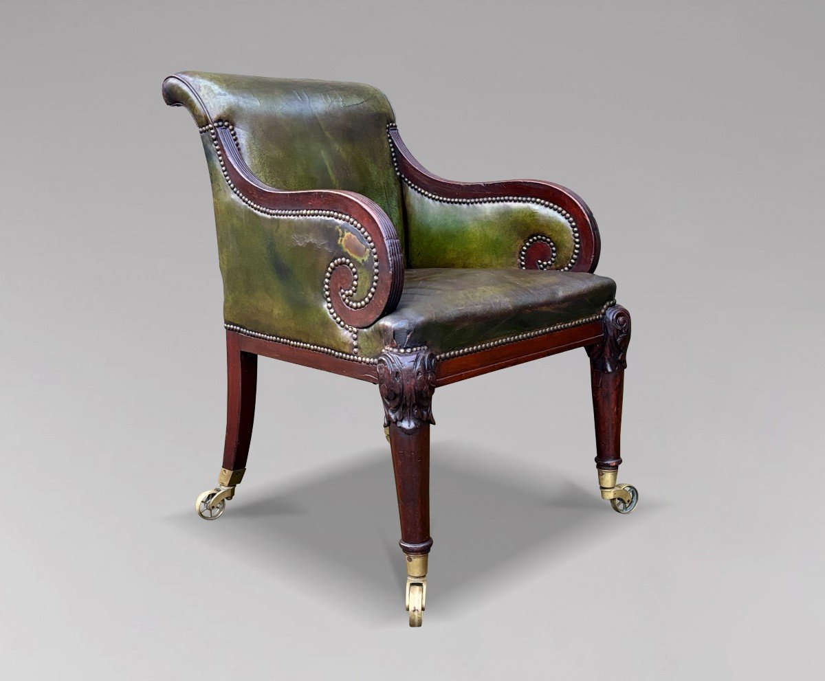 19th Century William IV Period Mahogany & Leather Library Armchair